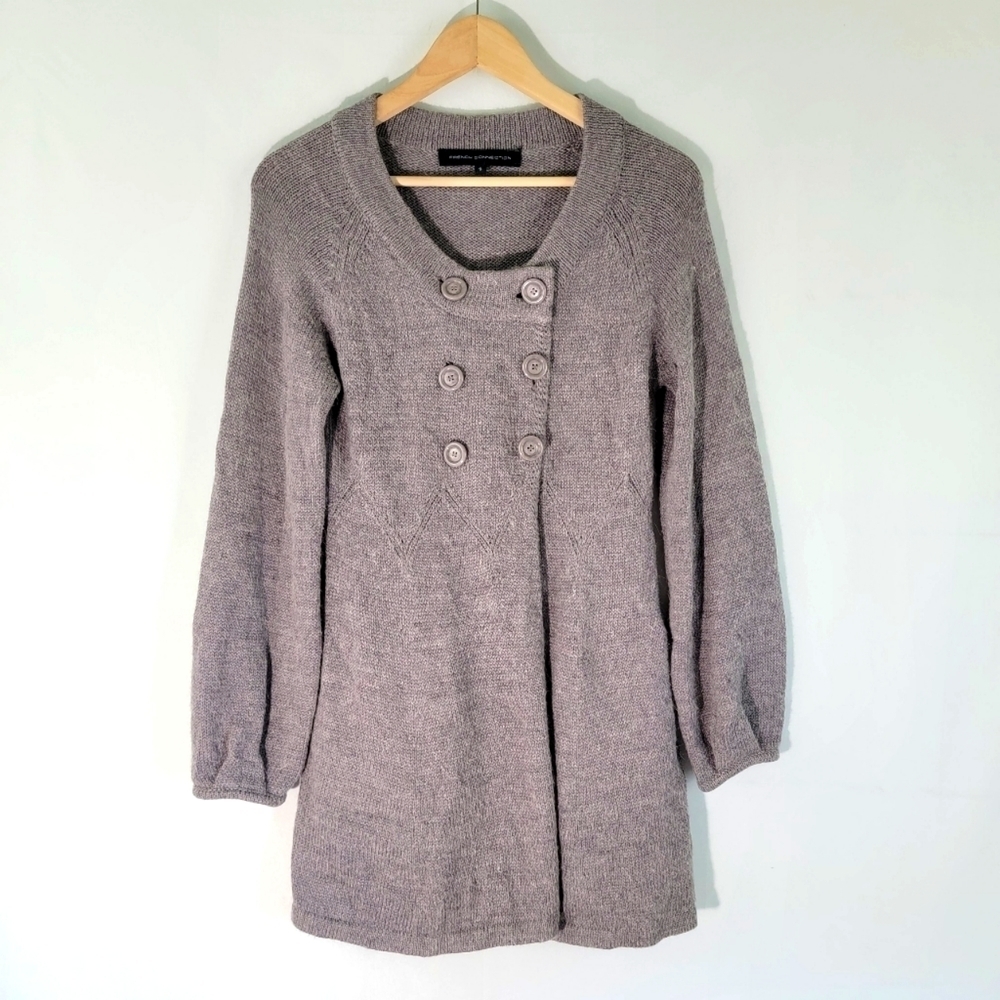 FRENCH CONNECTION Babysoft Ballon Sleeve Cardigan Sz Small Gray Round-Neck